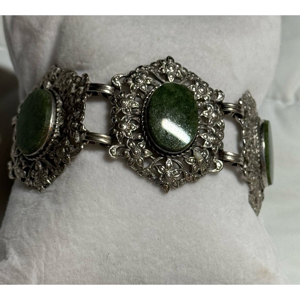 Vintage Van Dell Silver Green Jade Bracelet Nephrite Filigree Flower 7" 925